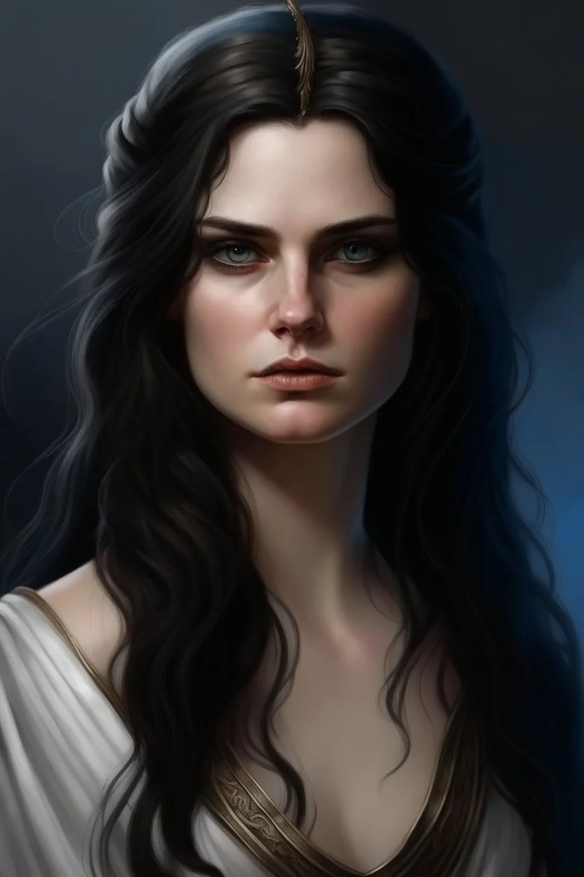 realistic portrait of a woman who looks like a greek goddess; she became mean after a stroke of faith, she is beautiful and has long dark hair