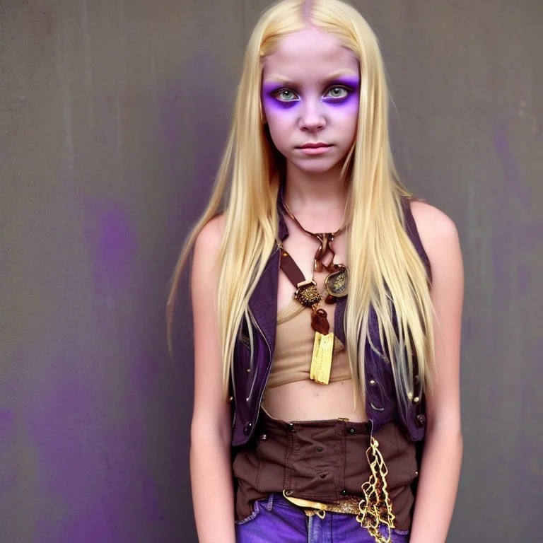 A girl with a purple gold hue around them with small bits of purple gold on their skin. They have long, dirty blonde hair and wear a tank-top with a jacket around their waist and jeans. They wear boots and have violate eyes.