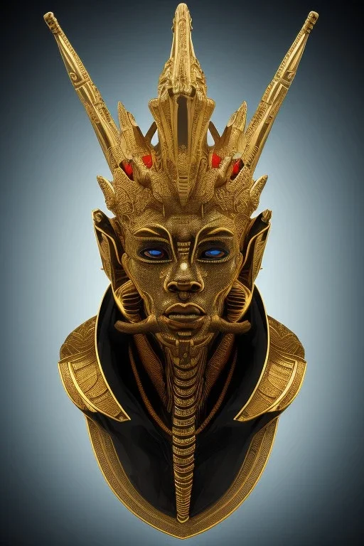 black male African Egyptian alien, cracks in the voodoo head, wicked, eyes, crown, blood, 8k, finely detailed, photo realistic, tiger turquoise skull head gold dragon space alien snow skeleton gold teeth silver crown silver space face mask