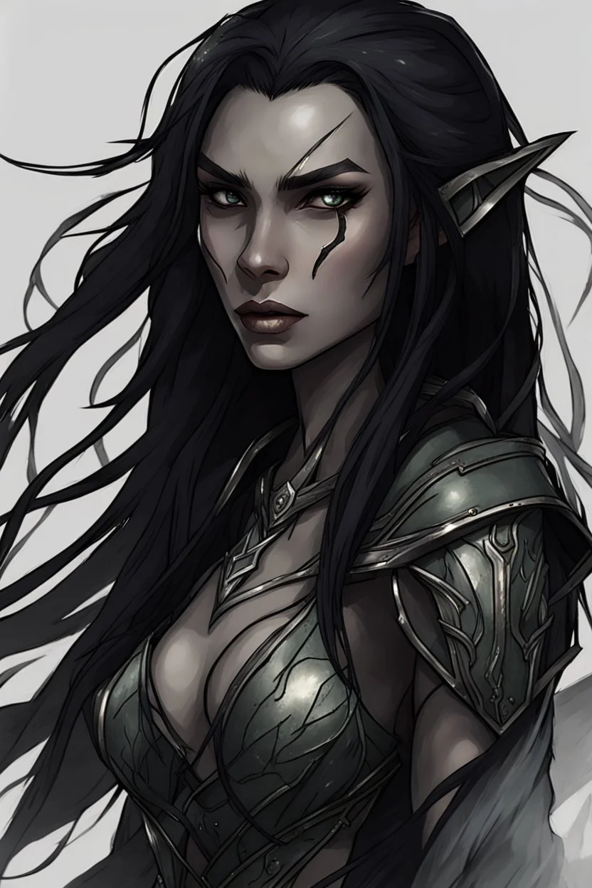 SA female elf with skin the color of storm clouds, deep grey, stands ready for battle. Her long black hair flows behind her like a shadow, while her eyes gleam with a fierce silver light. Despite the grim set of her mouth, there's a undeniable beauty in her fierce countenance. She's been in a fight, evidenced by the ragged state of her leather armor and the red cape that's seen better days, edges frayed and torn. In her hands, she grips two daggers, add dark shadow mystic purple flames