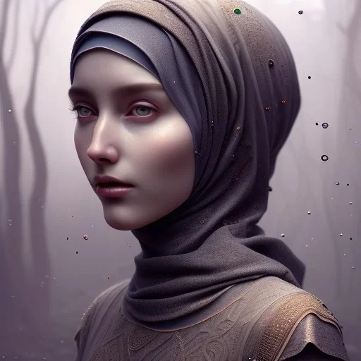 close up portrait of fog as woman in hijab, fine detail, highly intricate, modern surrealism painting, defined cracks and breaks, high-quality, volumetric lighting, 8k, ultrahd, George Grie, Marco Escobedo, Igor Morski,Brian Froud, Howard Lyon, Selina French,