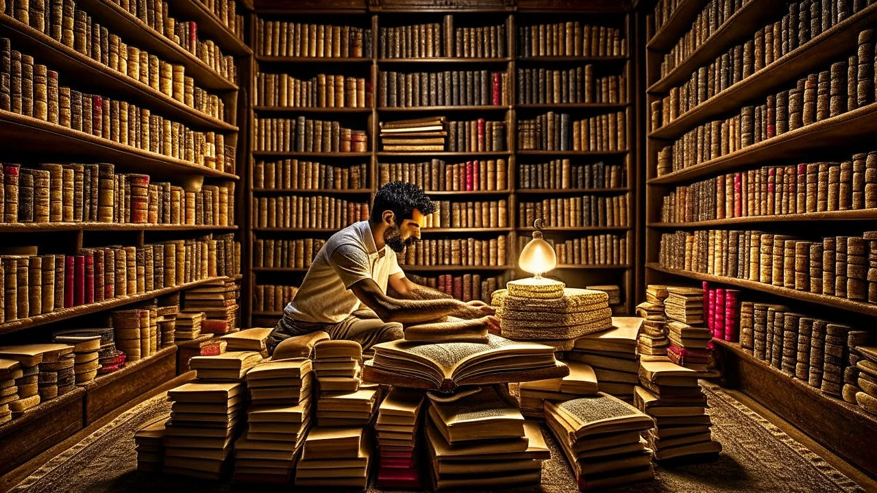 The image captures a moment of deep immersion in the world of books and personal development. It offers a unique glimpse as the person sits surrounded by books, engrossed in reading content that contributes to self-improvement and acquiring new knowledge. The proper lighting and intricate details enhance a positive and motivating atmosphere for learning and growth. The image portrays a scene where the individual is actively engaging in self-development through reading, highlighting the impact of