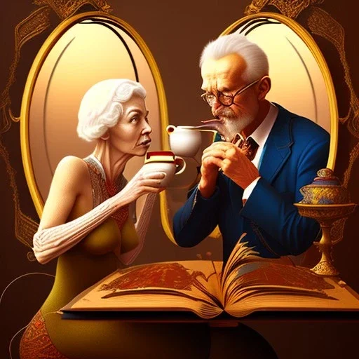 fantasy art, book cover, sexy old woman and her husband drinking tea under a smoking mirror