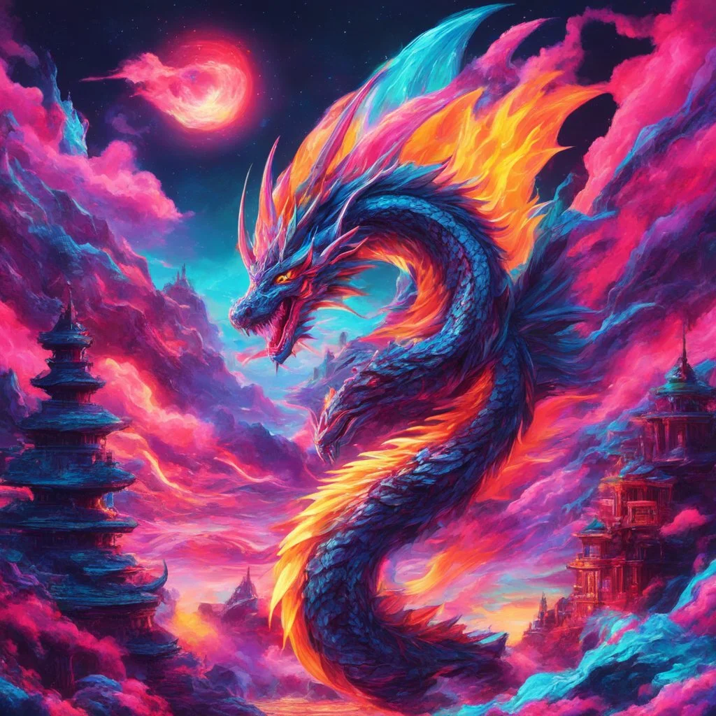 Dragon in a vibrant synthwave dreamscape, neon chaos swirling energetically around pixelated forms, a dynamic fusion of retro gaming nostalgia and futuristic abstraction