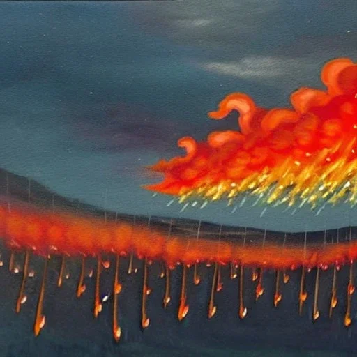 Painting of Umbrellas falling from sky. Open umbrellas. Umbrellas in air.in background Fire as rain. Fireballs falling. Flames in horizon. Clouds that look like fire. Rain that looks like fire.