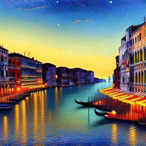 Dibujo al oleo de la ciudad Venecia con muchas nubes de colores estilo Vincent van Gogh