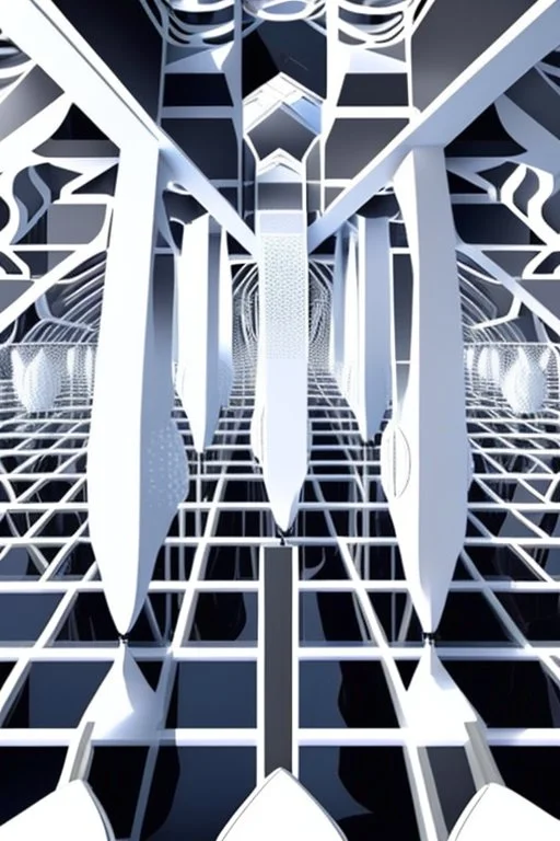 an idea is created of a bridge which has white clouds, in the style of futuristic digital art, grid formations, hall of mirrors, black and gray, photorealistic fantasies, multilayered dimensions, frontal perspective