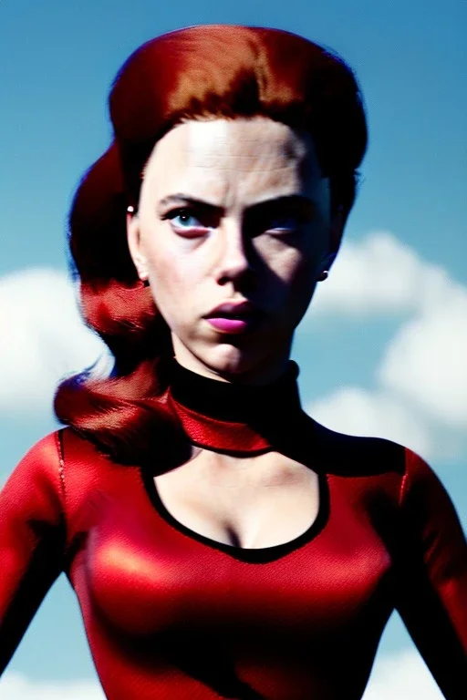 retro portrait image from 1960, sky background, wind, long red hair, fighting stance, sweet young Scarlett Johansson, black dress, classic long tight lycra black suit, gold bracelet and belt, high heel boots, superhero style, soft color, highly detailed, unreal engine 5, ray tracing, RTX, lumen lighting, ultra detail, volumetric lighting, 3d, finely drawn, high definition, high resolution.