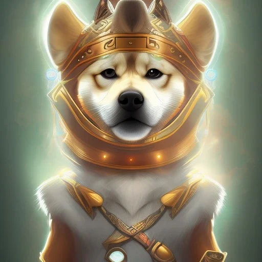 viking shiba inu with floating spirit orbs