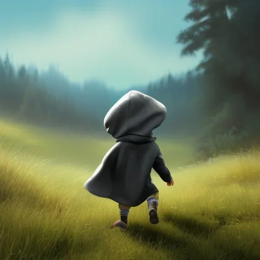 thick oil paint of a tiny little character with long hair a grey hood covering face and a grey cloak side-running up a green grass hill, rimlight, profile, silhoutte, flare, colorful, joyful, bright, epic, realistic, detailed, sky in the background, happy pose, more colors