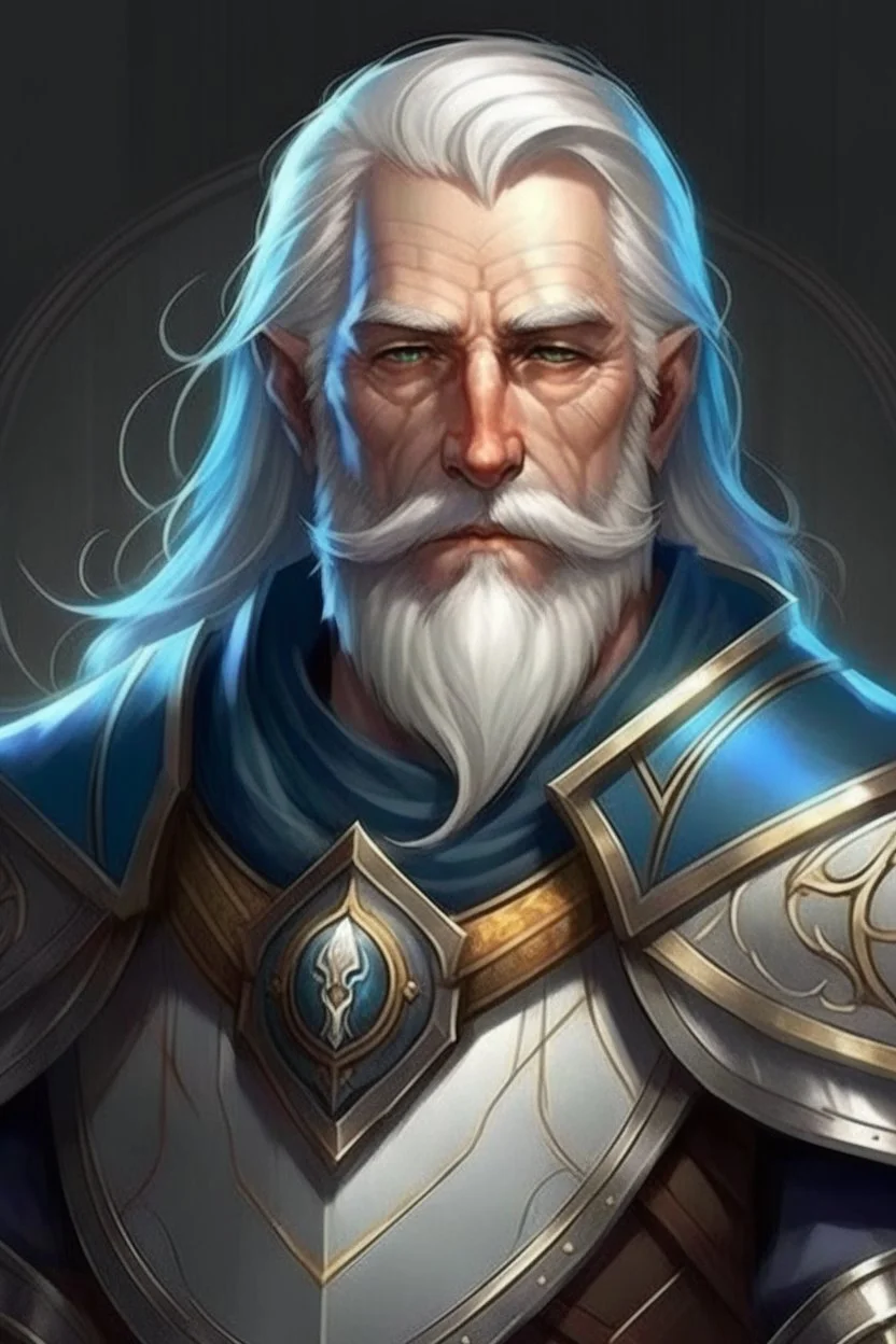 Please create an image for a 30-year old half-aasimar male with silver hair and a silver beard and blue eyes. He is a cleric of Selune, whose symbol should be placed on the cleric's shield, if visible in the image. The cleric should be wearing either medium or heavy armor, and carrying a warhammer or a mace and a shield