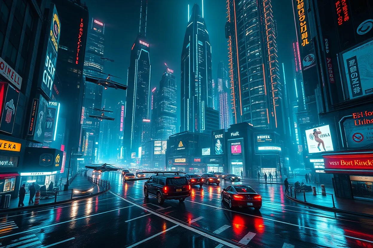 Ultra realistic photo of a futuristic cyberpunk megacity at night, neon lights reflecting on wet streets, flying vehicles, giant skyscrapers, realistic urban design, cinematic atmosphere, highly detailed environment, HOF, full size, (((realism, realphoto, professional photography, DSLR camera, photorealistic, 64k, ultra detailed)))