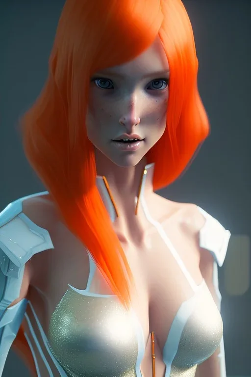 painting of a tall elven young woman with short light orange hair and freckles on the cheak bones and tall body of a topmodel light clothes, full body shot, ultra realistic, concept art, intricate details, eerie, highly detailed, photorealistic, octane render, 8 k, unreal engine. art by artgerm and greg rutkowski and charlie bowater and magali villeneuve and alphonse mucha