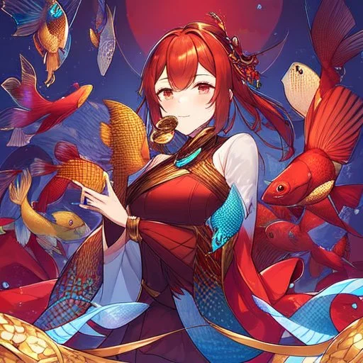 The RED Asian arowana, the arowana—aka the dragon fish , It has large, metallic scales, like coins; whiskers that jut from its chin; and it undulates like the paper dragons you see in a Chinese New Year’s parade, That resemblance has spawned the belief that the fish brings good luck. anime , 3d 4k ,chibi, kawaii