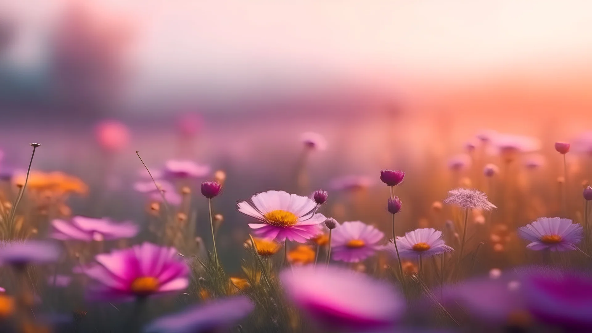 beautiful colorful meadow of wild flowers floral background, landscape with purple pink flowers with sunset and blurred background. Soft pastel Magical nature copy space