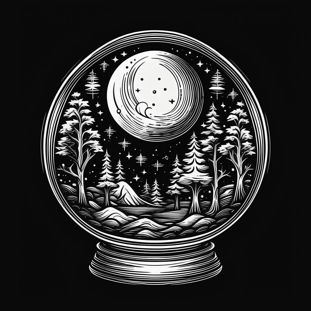 Make black and white cute drawing of a Crystal Ball with black bold lines. Only outline, no grayscale. A glowing crystal ball sitting on an ornate stand decorated with crescent moons and stars. Inside the ball, show a swirling magical scene like a forest, castle, or mysterious symbols.