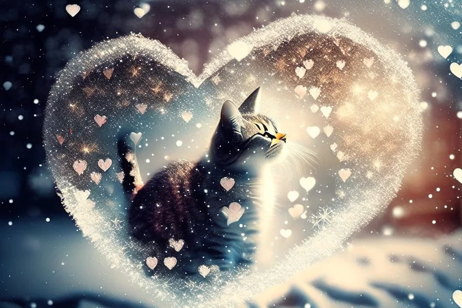 Double exposure, merged layers, Christmas fantasy, cat Christmas ornaments, gifts, double exposure, snowfall, heart, snowflakes, icy snowflakes, burlap, gems and sparkling glitter, sunshine