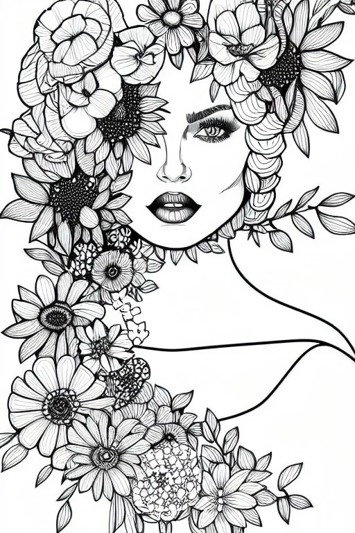 hyper detailed, black and white, thick line, coloring book illustration, lineart, stunningly beautiful woman in flowers