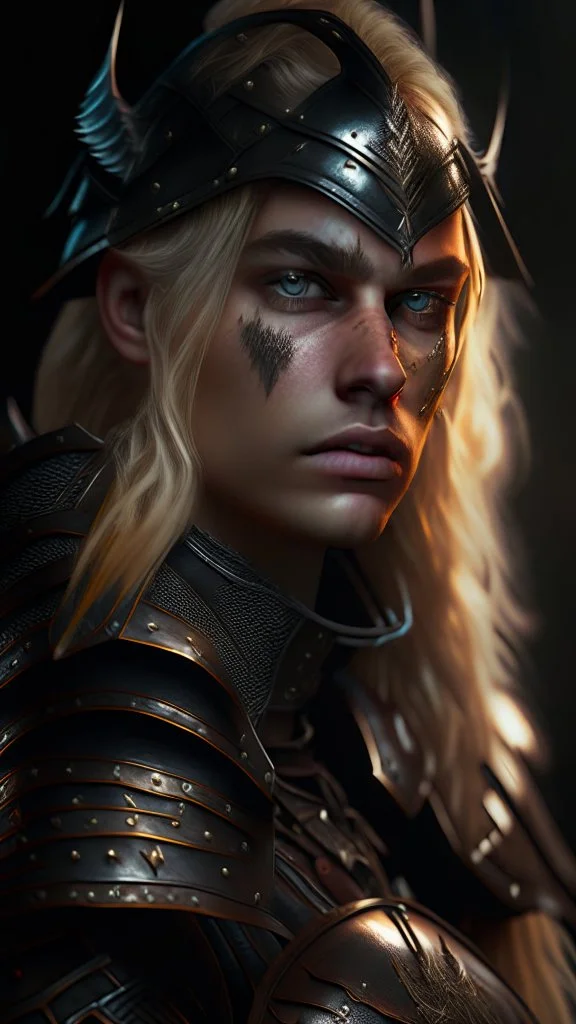 blonde female hunter wearing leather half armour dark fantasy Realistic 4k