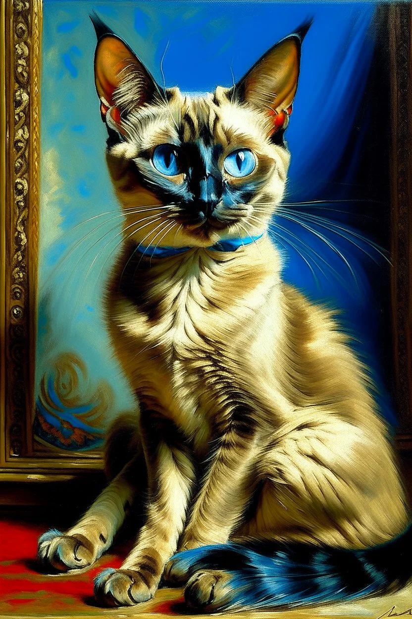 Portrait of a sitting up Siamese cat by Louis wain