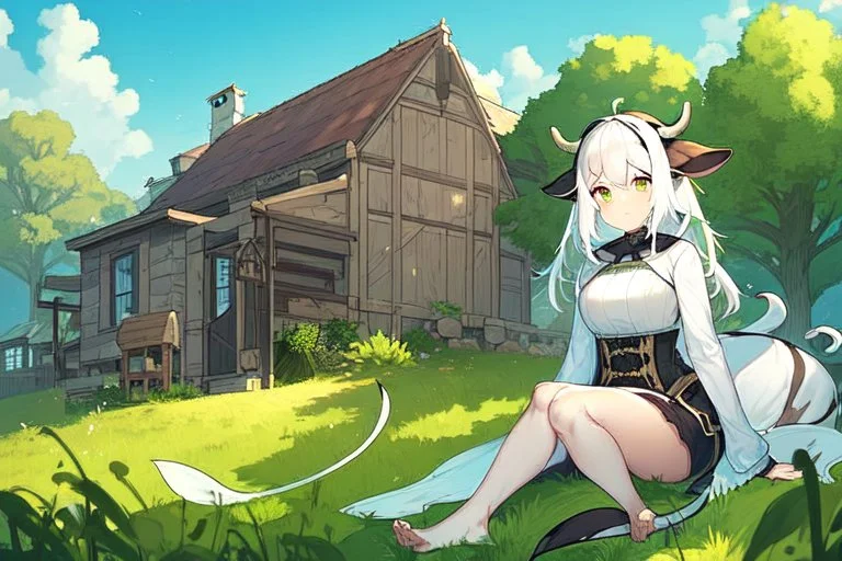 Farm, green grass, house, girl,white hair , sit on grass, cow's tail, cow's horne , cow's under