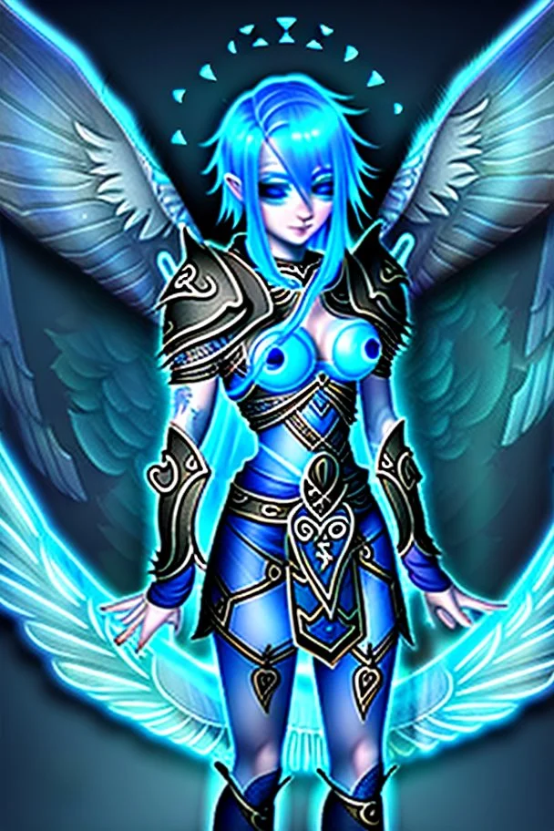 a person in runic armor with blue wings, blue short hair, runic tattoo and spell book