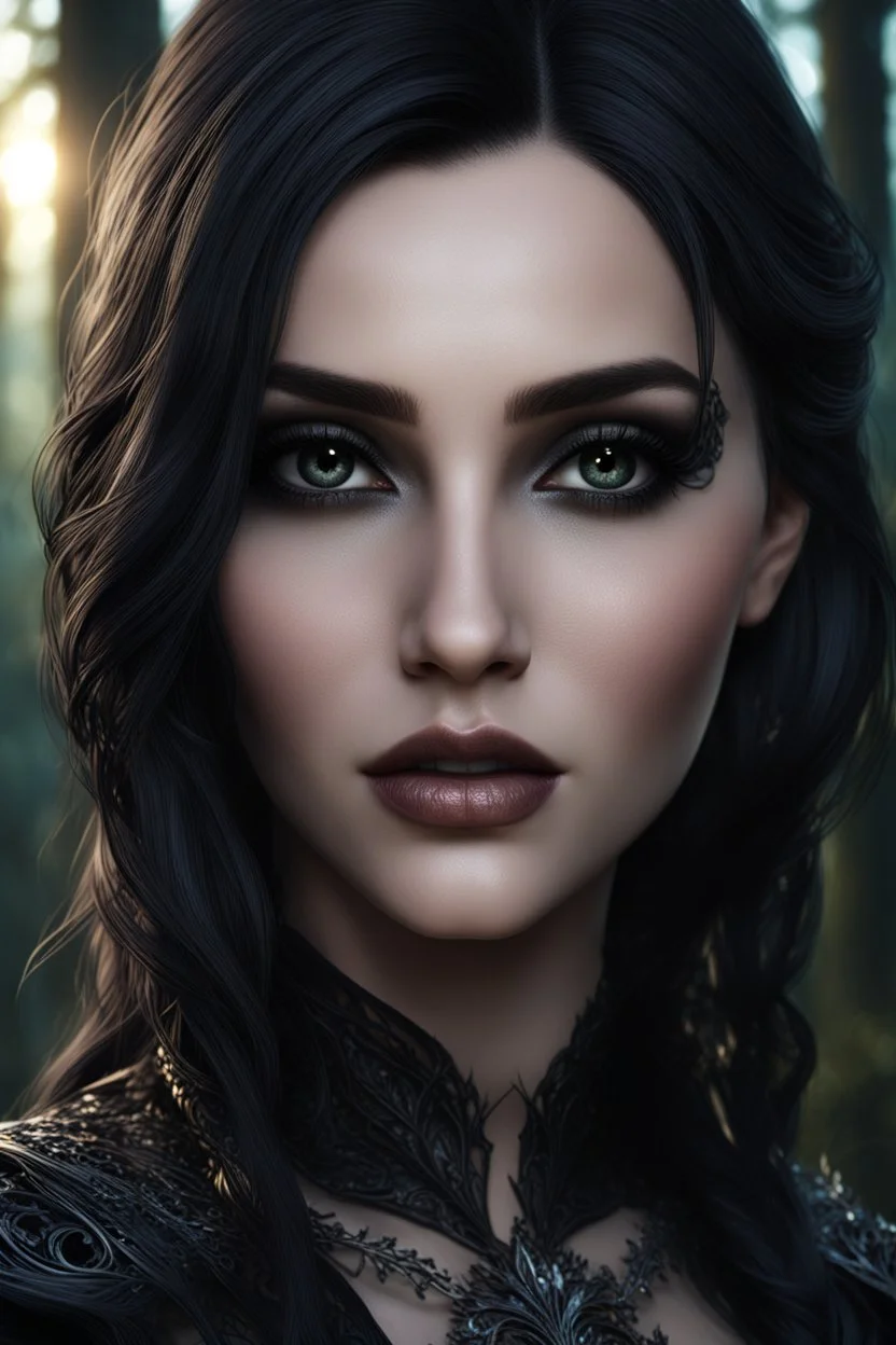 Beauty goth woman portrait , gothic, background forest, fine detail, atmospheric sharp focus, sharp edges, Broken Glass effect, stunning, breathtaking beauty, Volumetric light, reflects detailed masterpiece, 8k resolution, dark fantasy concept hyperdetailed, intricately detailed, deep color, Unreal Engine