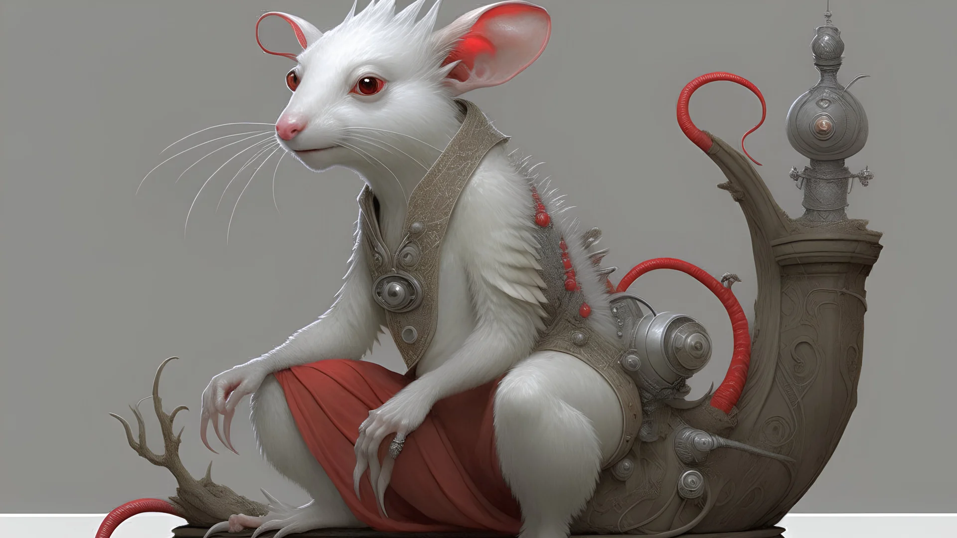 Artist Jean-Baptiste Monge style. Strongly white gold gray white plus red unknown creature, with slender feet, prominent white (large eyes), most of the body. Modifier: 4K 3D Unreal Engine High definition Very attractive High detail Fantasy Crisp quality Very cute Thomas Kinkade Alphonse Mucha Concept Art Clear Focus Correct proportions Clear texture