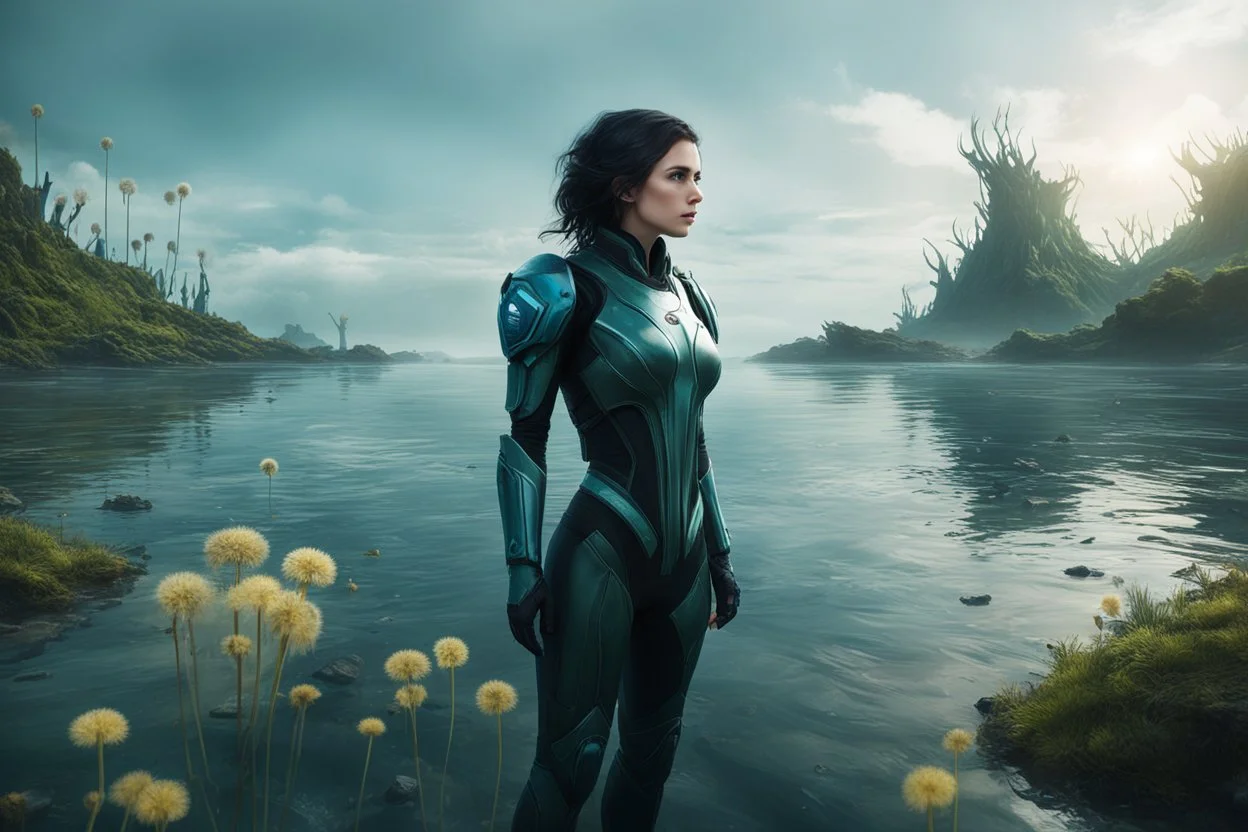 young woman in an android suit with dark hair, standing on the shore of an alien sea. Floating forests with dandelion tops in the distance