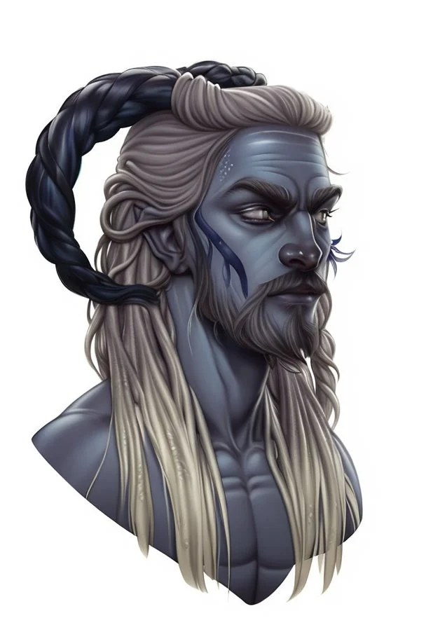 A tieffelin with blue skin and white Dreadlock hair. His pupil-less eyes are green. He wears a small beard.