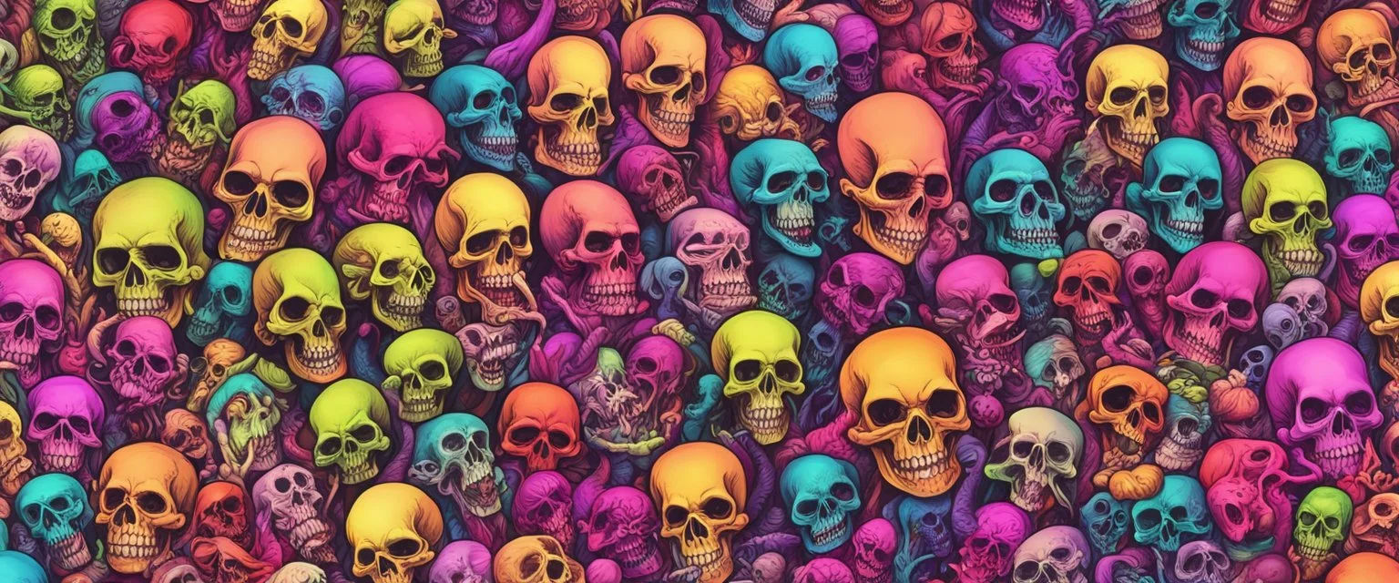 a field of 1000s of cartoonish, anatomically correct, skulls, vivid RANDOM BRIGHT neon colors, dark comedy, well lit, high detail, photorealistic, horrorcore, fun, scary, dead, 100% detail on all drawn, nothing partial or filler, by hanna barbara