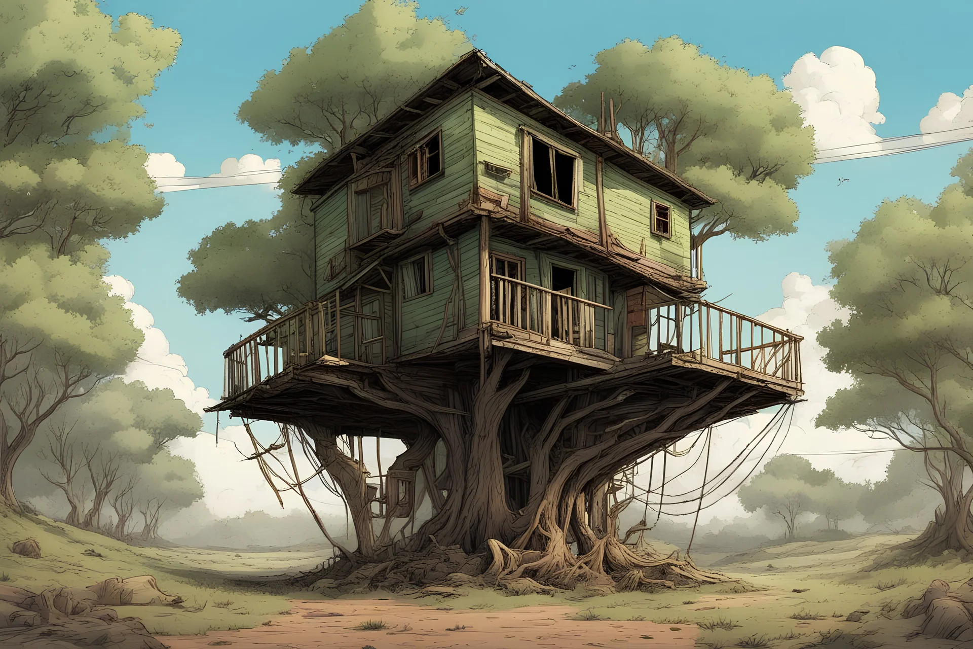 one tree house in the middle of the image, green tarp roof, bared land, post-apocalypse, front view, comic book, cartoon,,