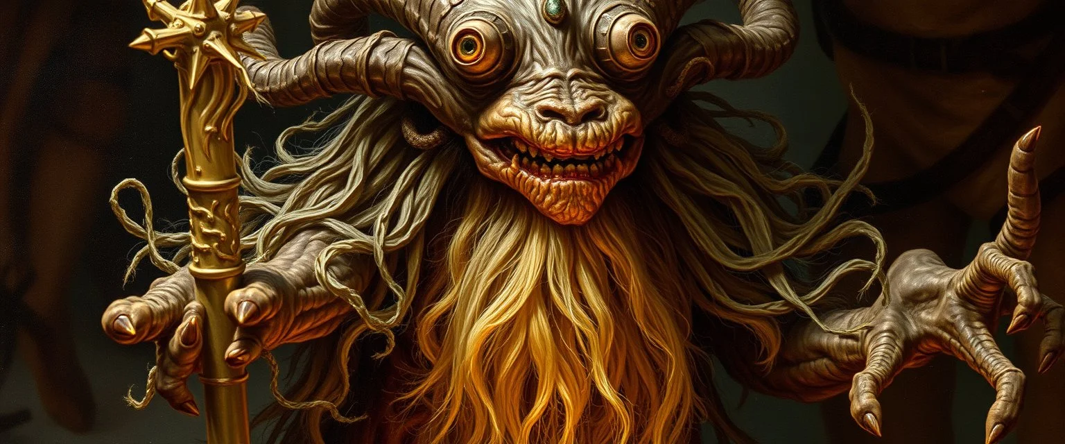 en god og snill og flink og veldig søt og hårete som en hippie , psionisk humanoid skapning fra universet, de regjerer ofte i underjordiske byer i Underdark. De er en slags alien-lignende rase som ser på seg selv som overlegne og bruker andre som slaver. , painted by Rembrandt