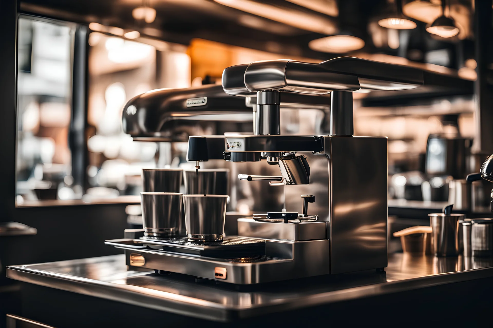 a photo of an Express Espresso Machine backlit in a café with a narrow aspect ratio