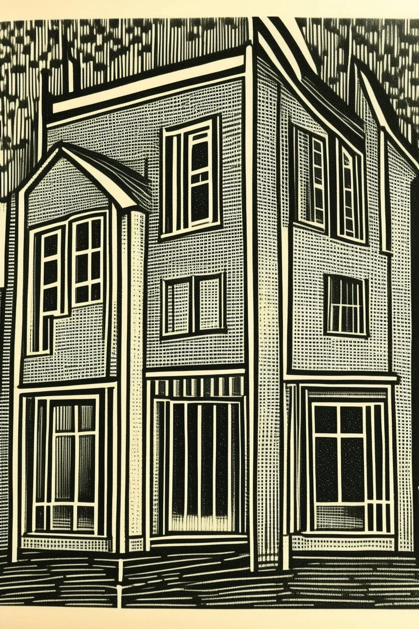 xylography stamp, art deco house, quality paper print