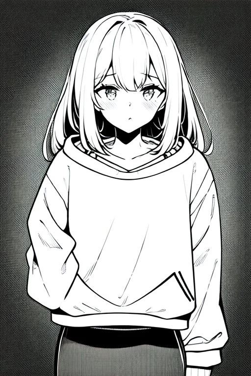 thoughtful girl in a loose sweatshirt, line arts, greyscale,