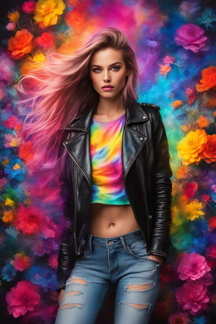 Close up Gorgeous Realistic Photography Super Model European Beautiful young woman,hair colors rainbows as Rocker with clothing abstracts flowers luxury casual leather jacket and levis jeans dressing painting art neons rainbow colors glowing in the dark and colorful details, light leaks boleh colors,flowers background