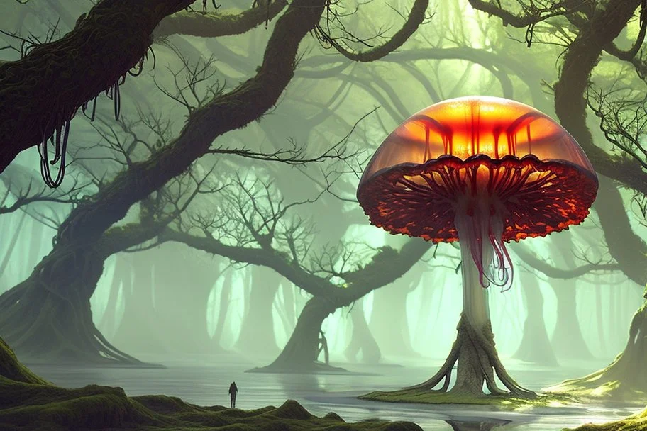 Alien forest with an umbrella made from a jellyfish, photorealistic, Detailed Matte Painting, Deep Colour, Fantastical, Intricate Detail, sunshine, blue sky