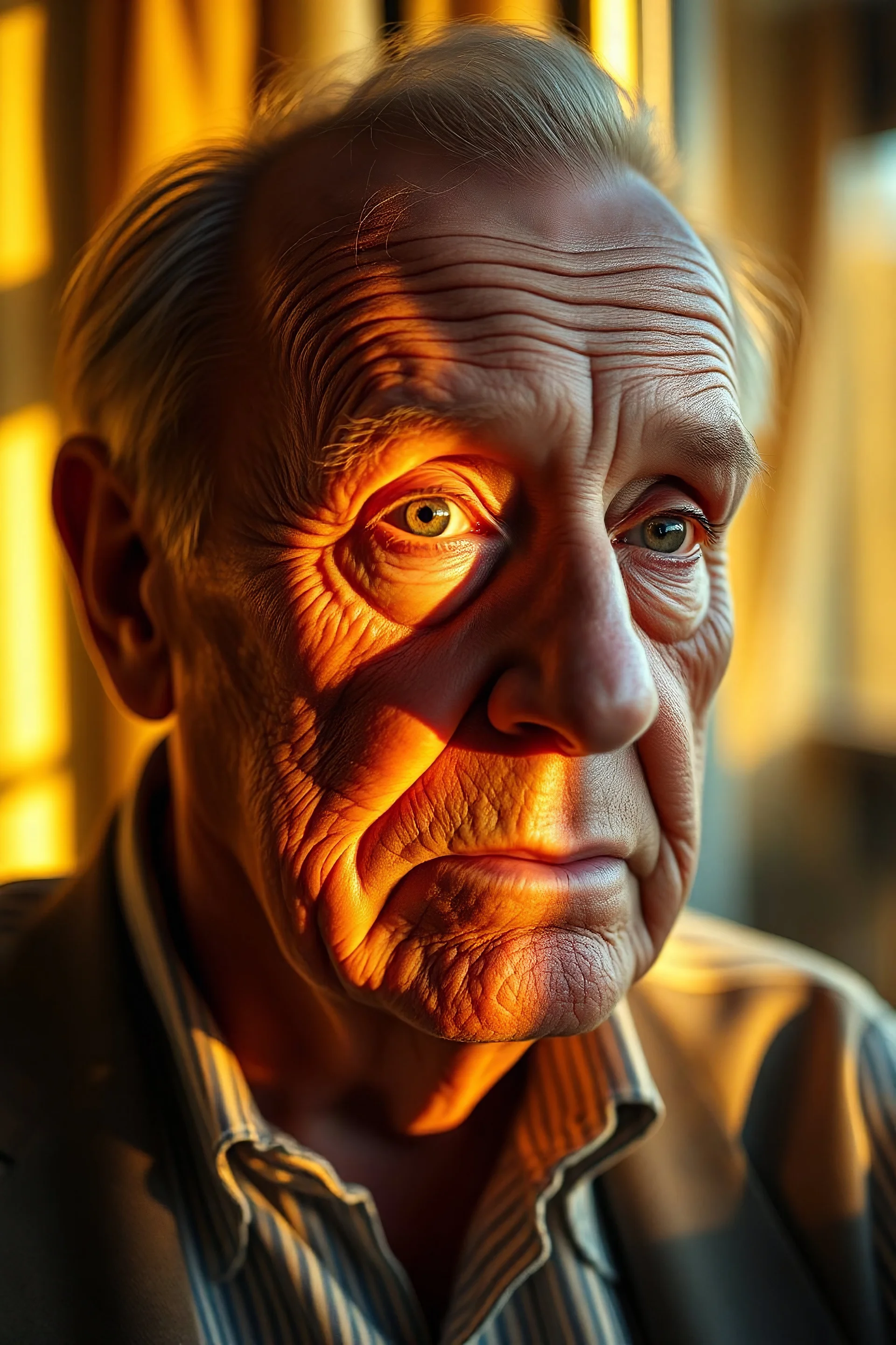 create a photorealistic portrait of Biff Vandersloot sitting by the window in the late afternoon, with natural sunlight casting warm golden light across his face revealing every wrinkle and the texture of his skin, sharp focus on his eyes showing depth, moisture, reflections, with a soft bokeh background of the room behind him.