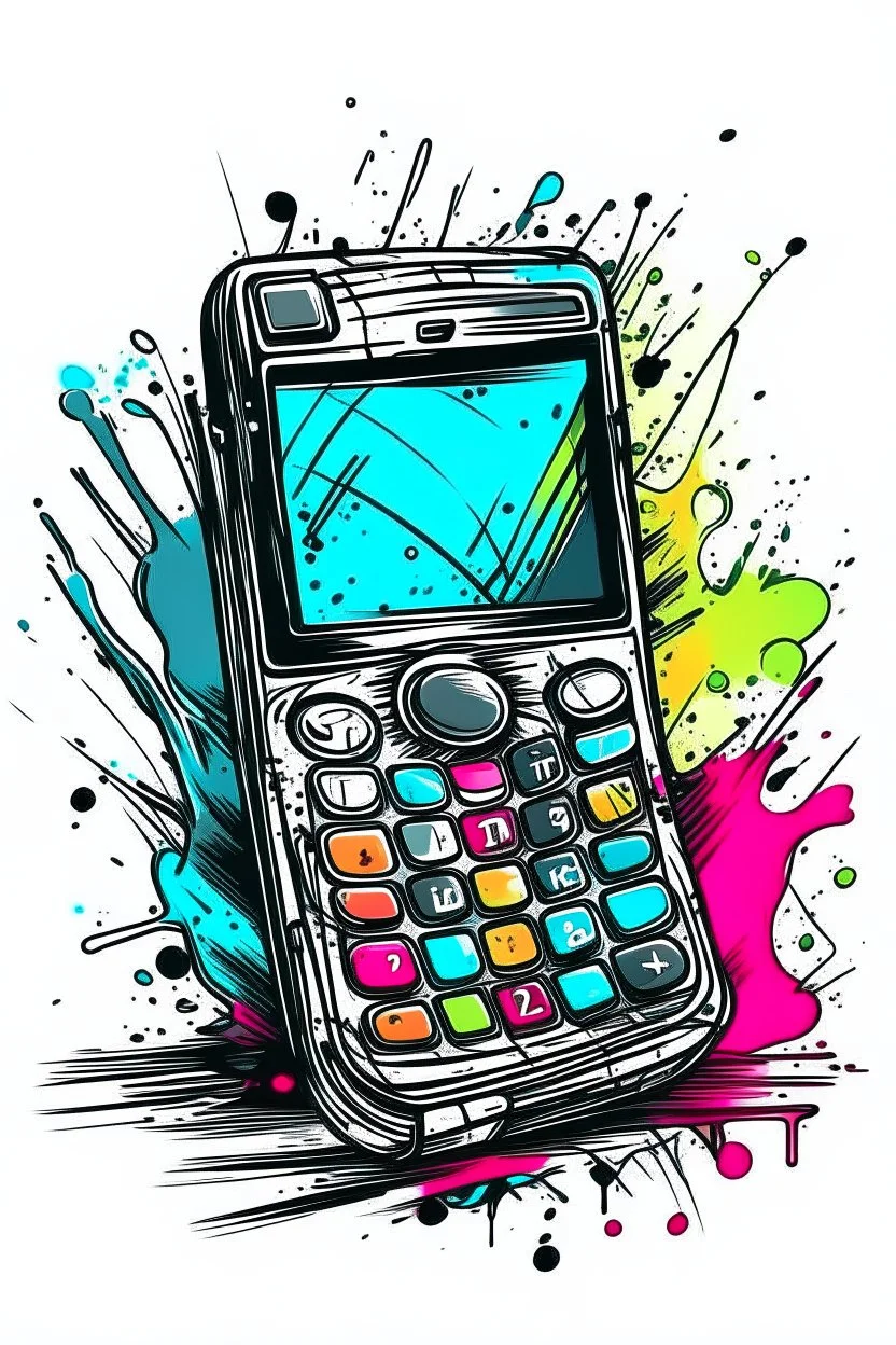 A brightly colored, plastic flip phone with a scratched and chipped exterior is held open, revealing a blurry photo of a concert mosh pit on the screen. Style: Grunge, Mood: Rebellious, Lighting: Harsh stage lights in the background, T-shirt design graphic, vector, contour, white background.