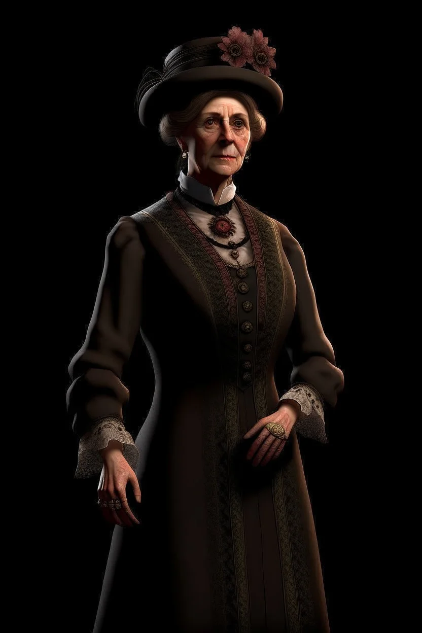 warm but stern aunty victorian era, posh british accent influenced, high born facial features dnd character on a solid black background, full body image, high quality realistic.