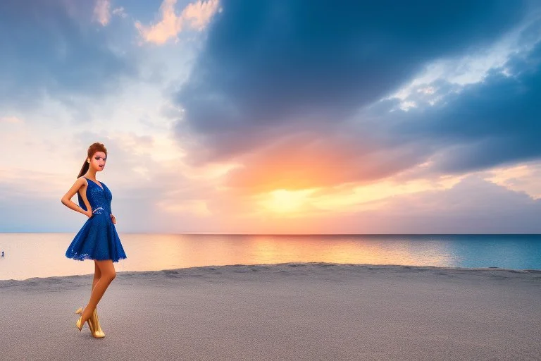 very nice real face beautiful sexy roman with make up at the beach standing pose in a short lace dark blue and silver dress, full body, 3D cloudy sky volumetric nice clouds 8k sharp focus,sunset,golden hour