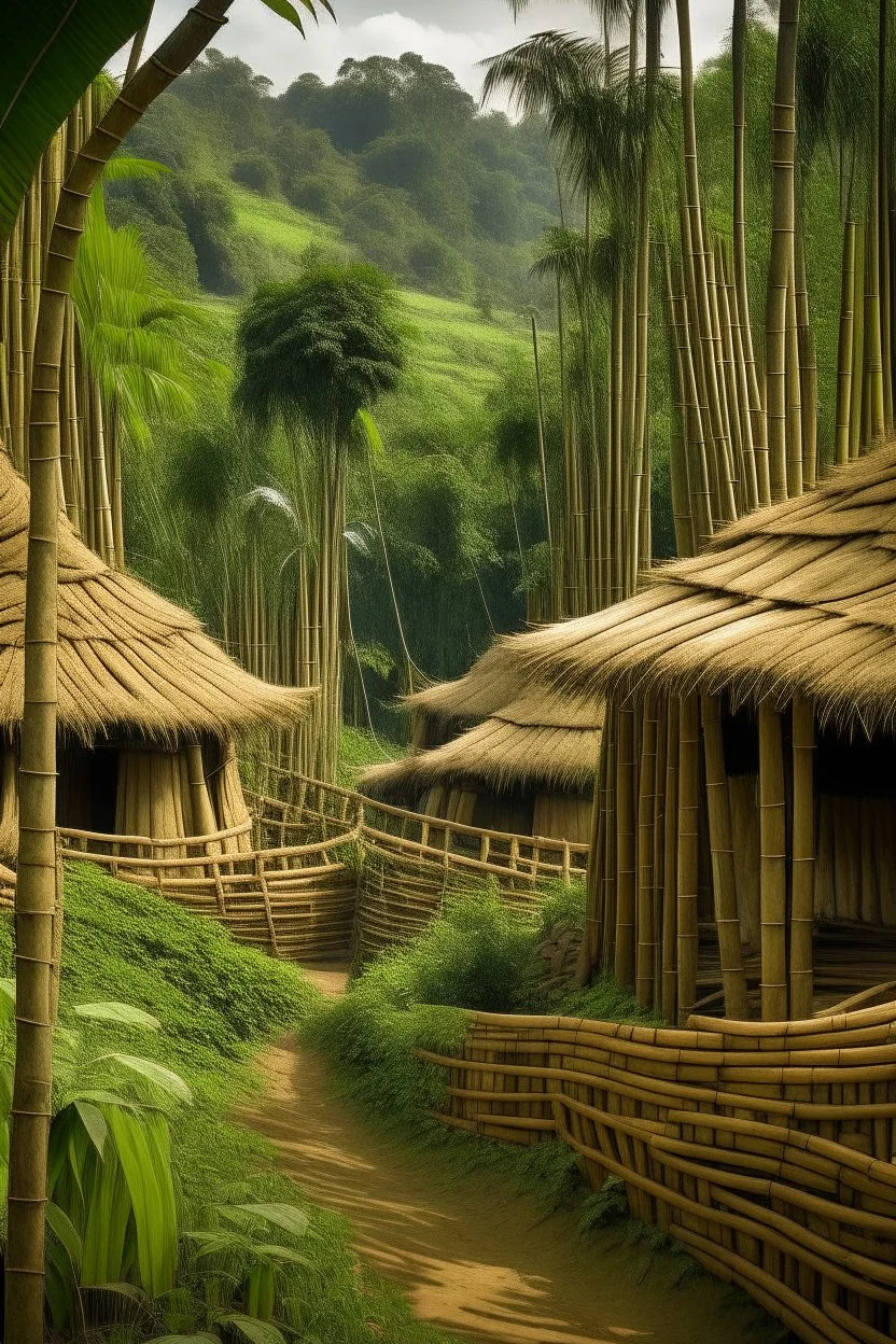 A (((village nestled amidst a lush bamboo forest))), with houses and structures crafted from (((interwoven bamboo))), exuding a serene ambiance