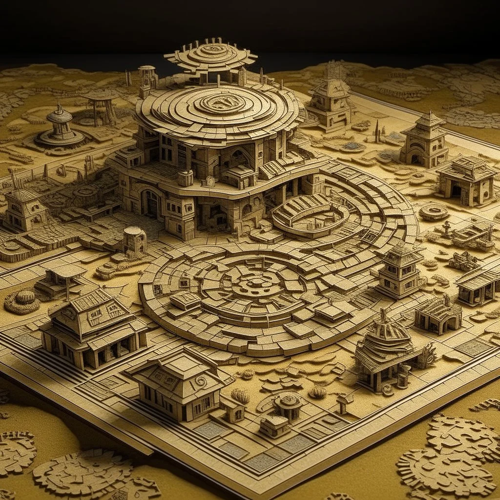 A beige field with a house made out of gears designed in ancient Egyptian hieroglyphics painted by Qiu Ying