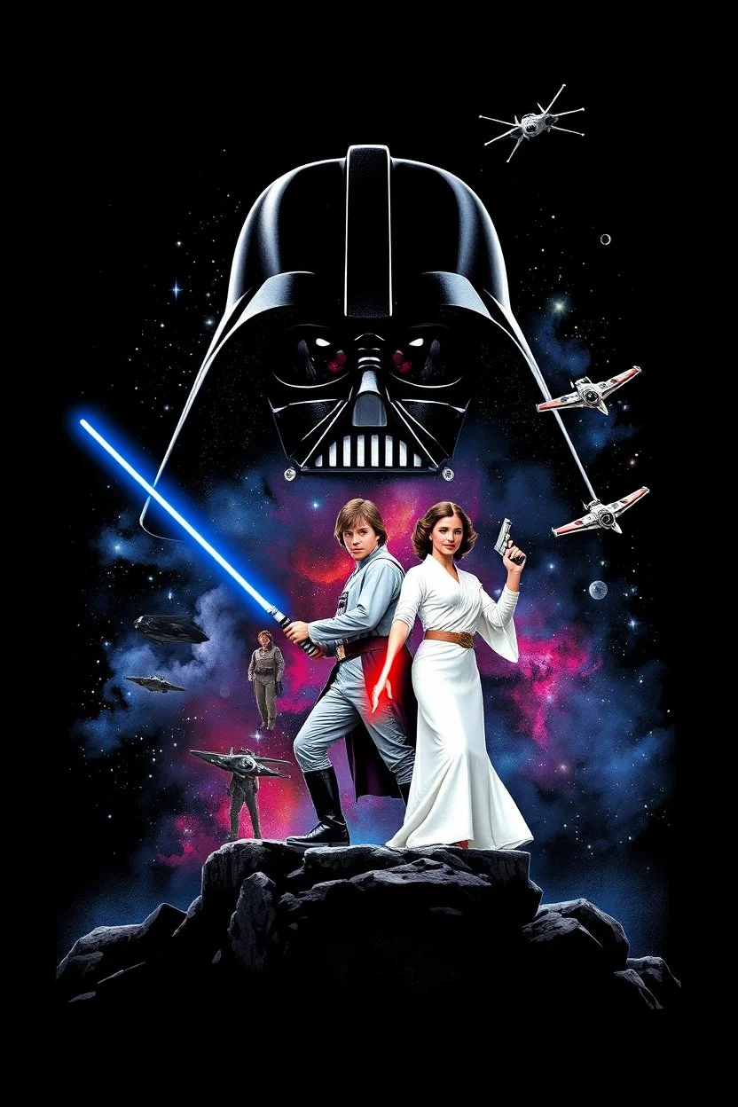 black background onto which the outline of darth vader standing filled with stars nebula and the Death Star is large within, in front in poses from the original star wars posters is Luke Skywalker with lightsaber and Princess Leia Organa with laser pistol both in white clothing atop crumbling stone, the millenium falcon and x-wing fighters flying among the stars