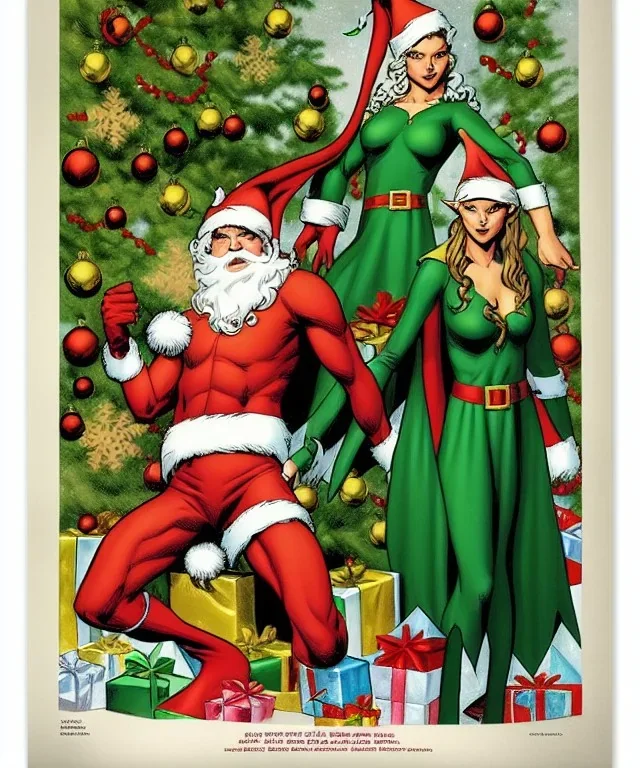 two elves. woman and man. Christmas scene. poster. marvel comic. low-key