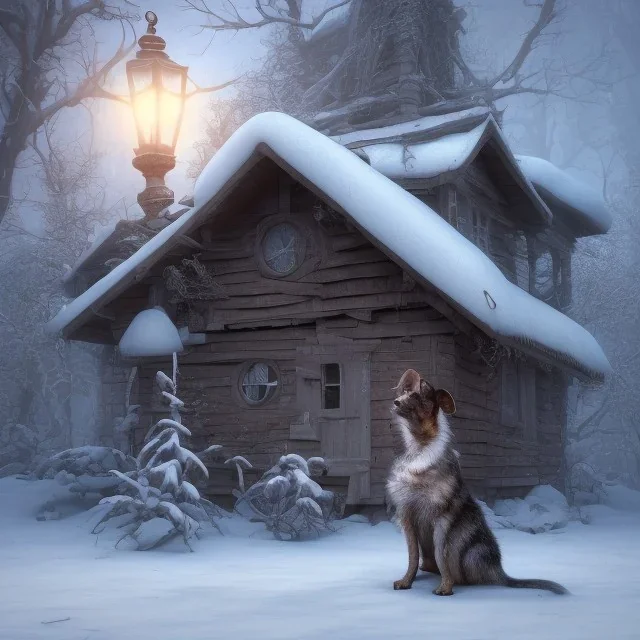 sad, scared, sad, lonely dog tied up outside in front of a house, winter, 8k resolution, high-quality, fine-detail, intricate, digital art, detailed matte, volumetric lighting, illustration, 3D octane render, brian froud, howard lyon, selina french, anna dittmann, annie stokes, lisa parker, greg rutowski