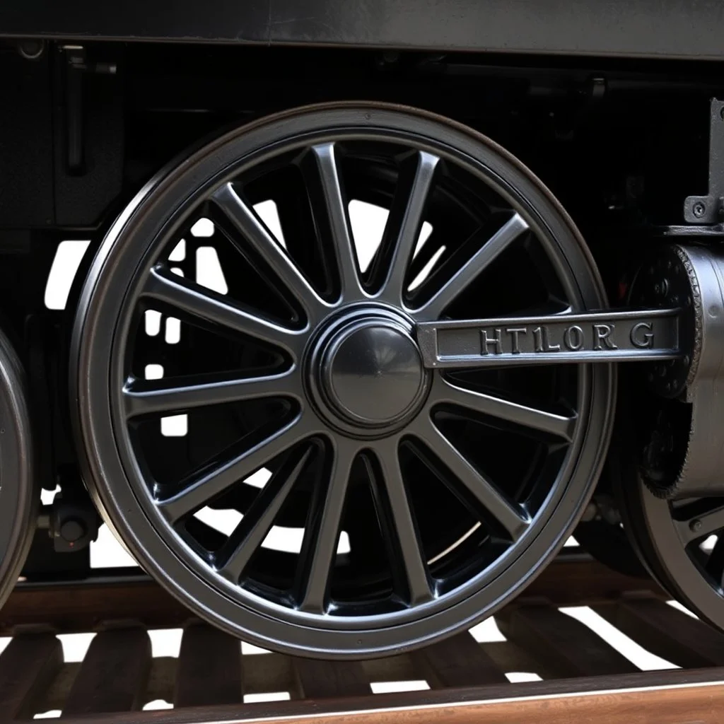 isolated image of a cast iron spoked steel wheel(black) from a steam train. vignette of just the wheel, photorealistic