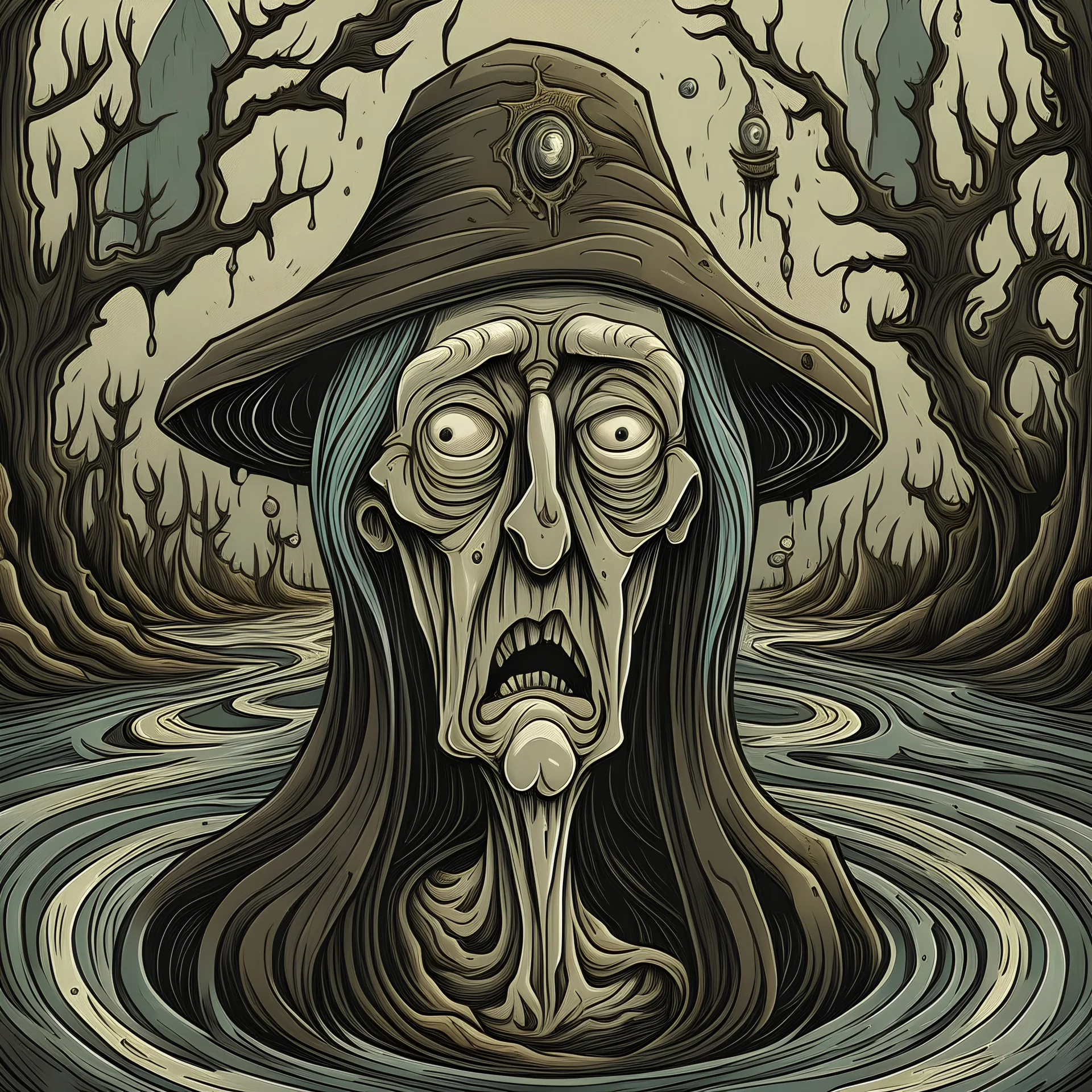 A disquieting and dreamlike illustration of an old колдунья, or witch. The woman is depicted as elderly, with a distorted and elongated face. Her eyes are wide and staring, and her mouth is open in a silent scream. She floats in a surreal landscape, surrounded by melting clocks, floating eyeballs, and other strange and unsettling objects. -
