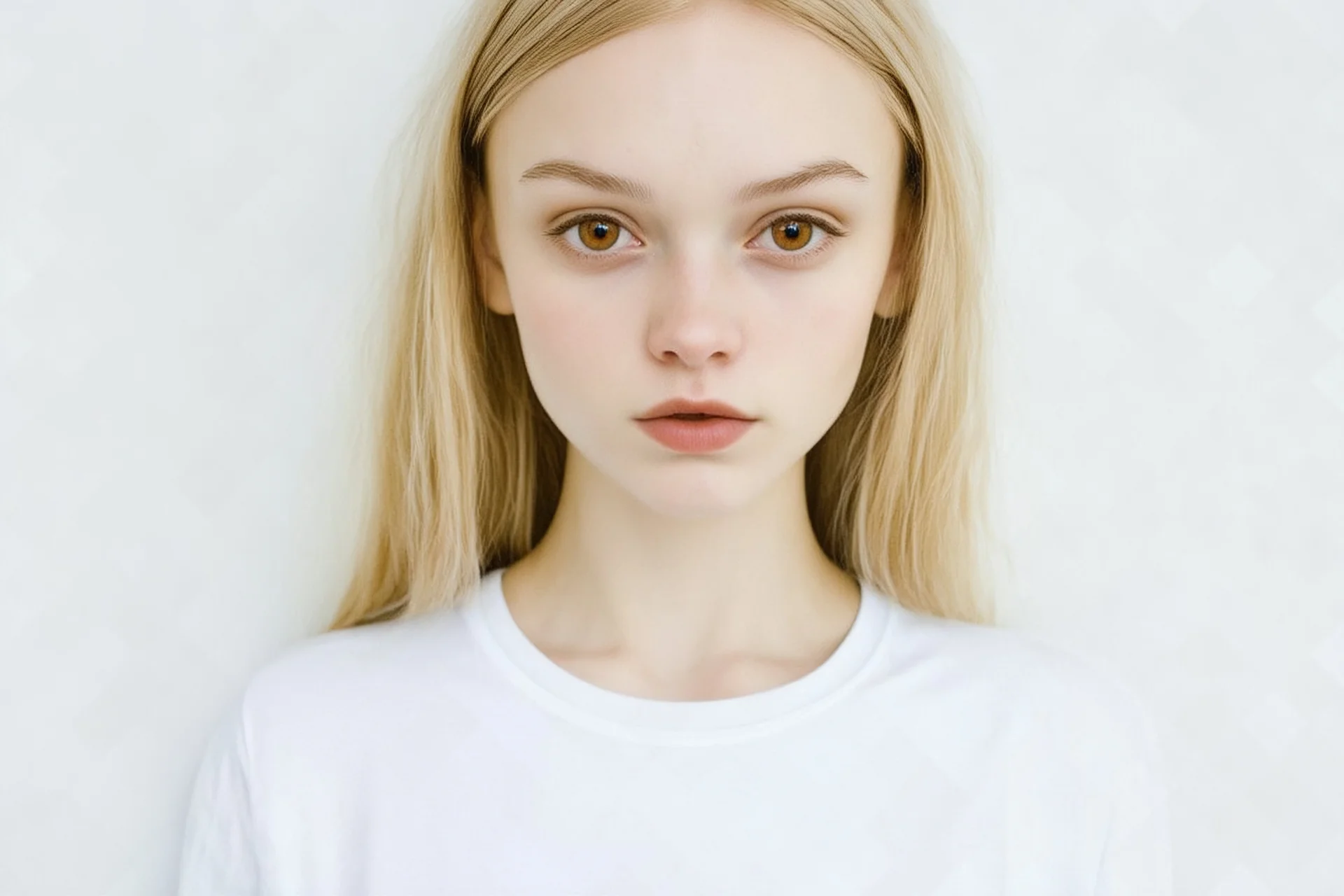 Polaroid, top model gemma ward,, cheveux long blonds sésans frange, yeux marron, petit nez, visage poupin, t-shirt blanc, fond blanc